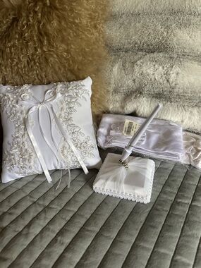 Embroidered Satin Ring Bearer Pillow with Ribbon & Pen Set - White